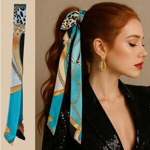 Turquoise Chain Print Slim Silk Scarf 34in Nautical Glam Retro Style Hairband